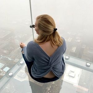 Market & Spruce Twist Back Blue Gray Sweater